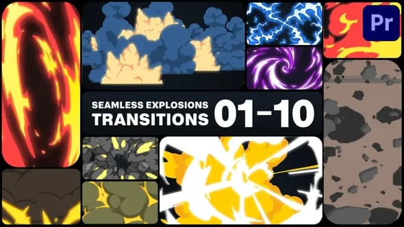 10种能量爆发MG图形爆炸特效转场过渡动画PR模板 Seamless Explosions Transitions for Premiere Pro